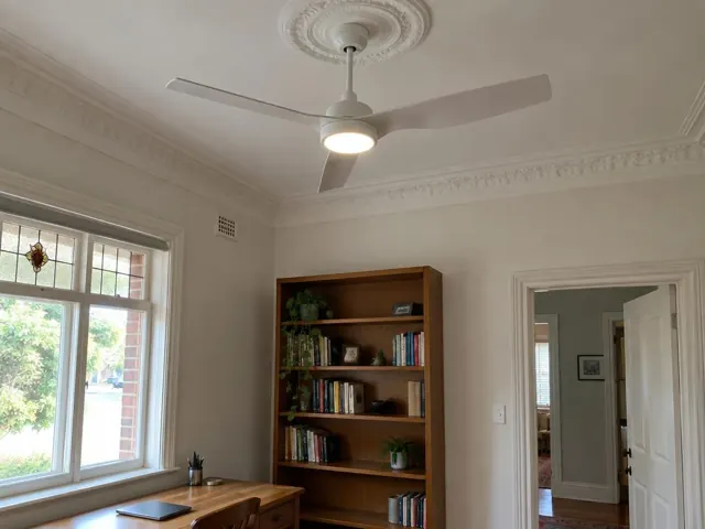 White ceiling fan in a heritage-style room with ornate ceiling roses and wooden bookcase in The Junction